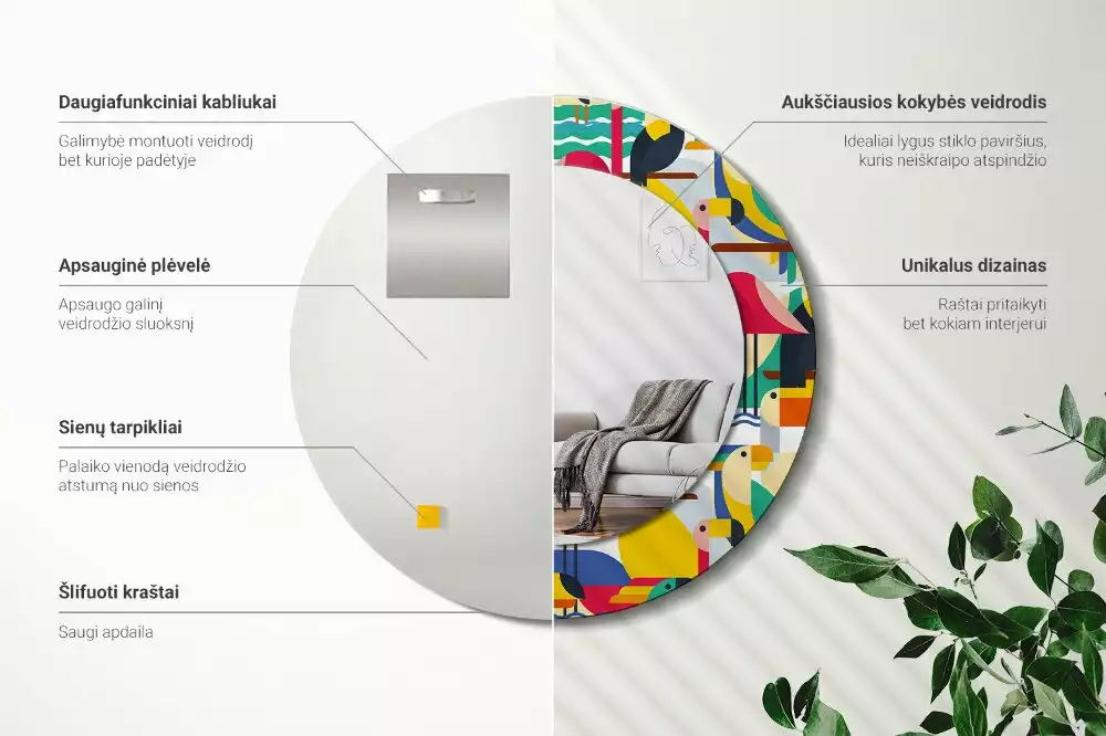 Lustro z drukowaną ramką o geometrycznym wzorze z tropikalnymi ptakami