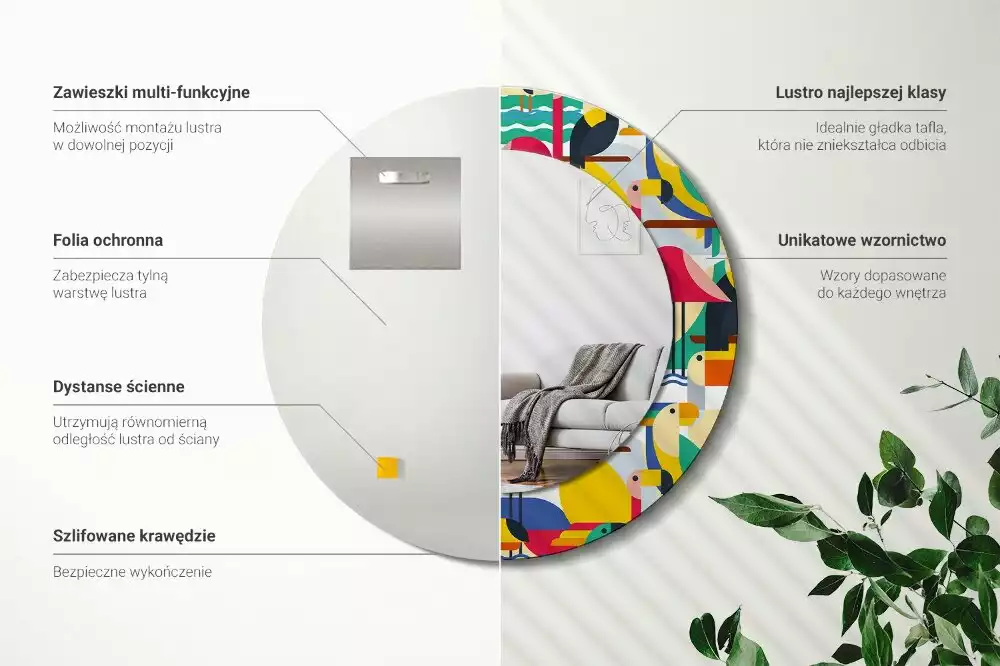 Lustro z drukowaną ramką o geometrycznym wzorze z tropikalnymi ptakami