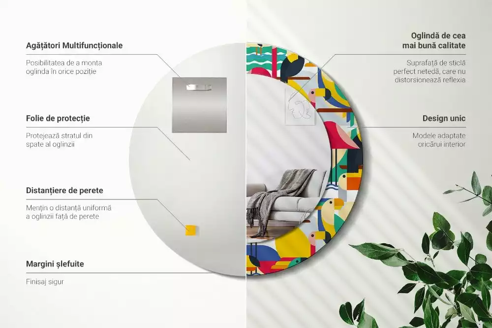 Lustro z drukowaną ramką o geometrycznym wzorze z tropikalnymi ptakami