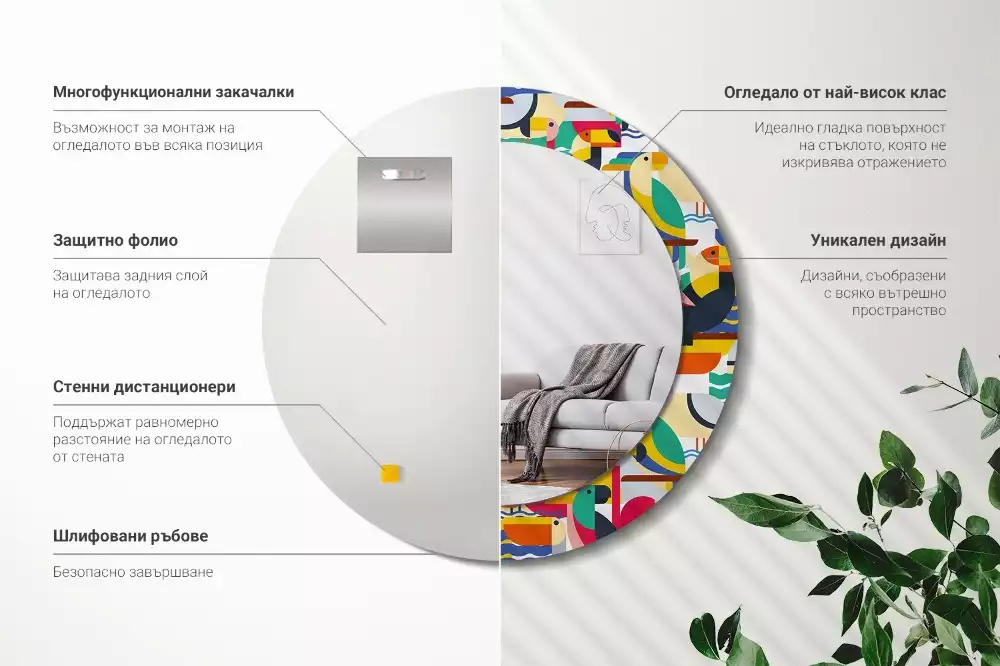 Lustro z drukowaną ramką o geometrycznym wzorze z tropikalnymi ptakami