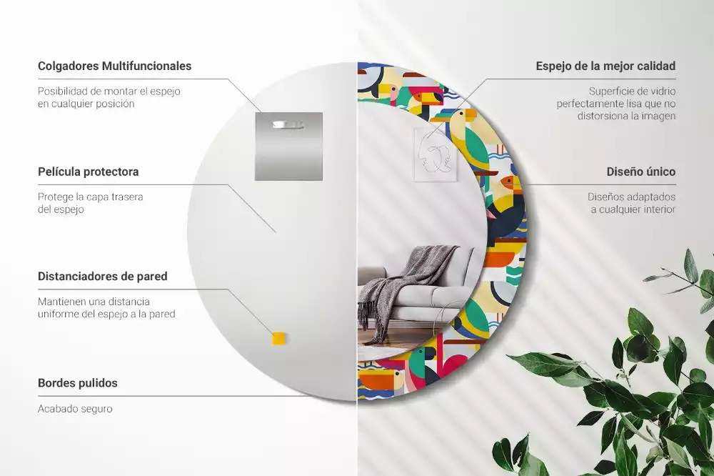 Lustro z drukowaną ramką o geometrycznym wzorze z tropikalnymi ptakami