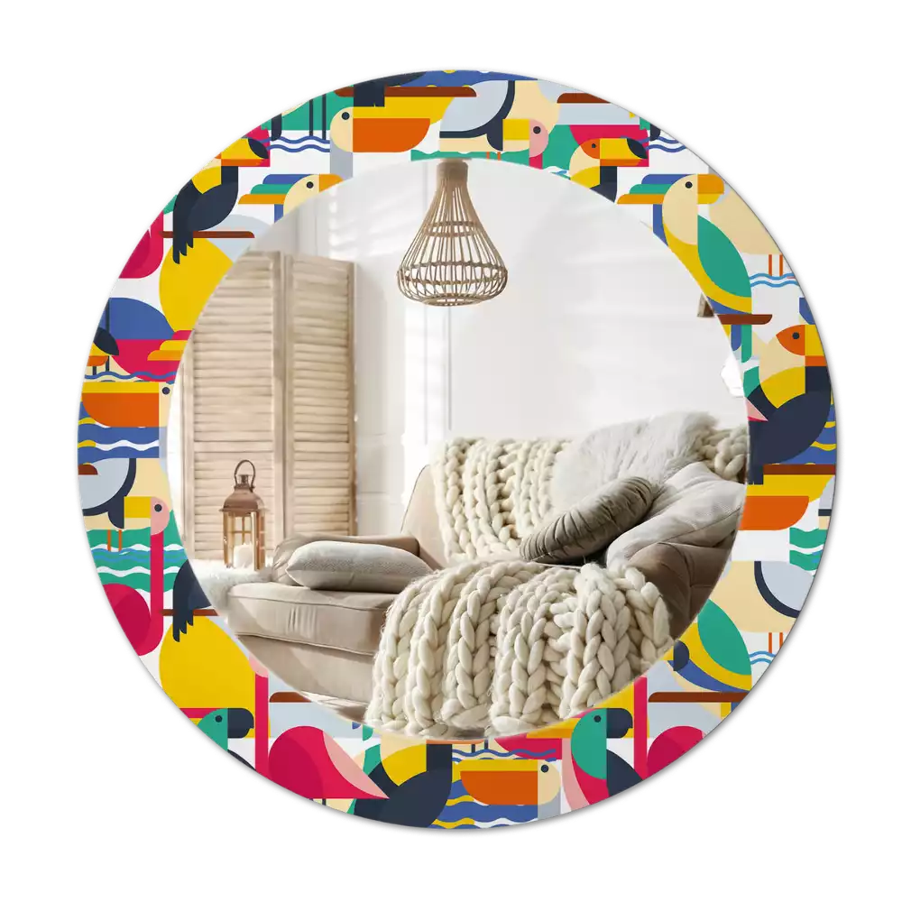 Lustro z drukowaną ramką o geometrycznym wzorze z tropikalnymi ptakami