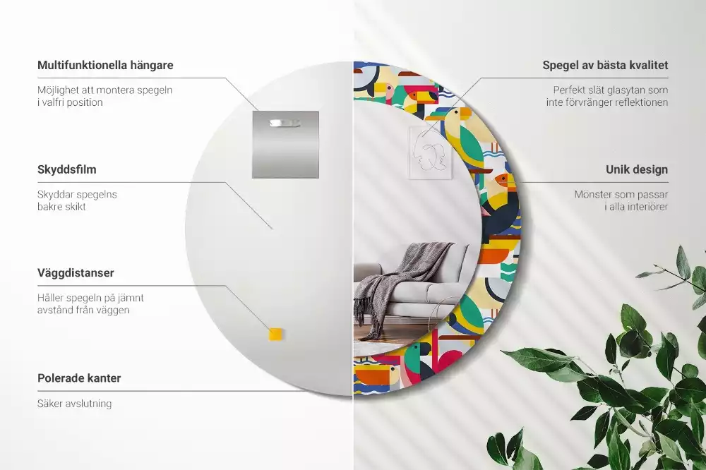 Lustro z drukowaną ramką o geometrycznym wzorze z tropikalnymi ptakami