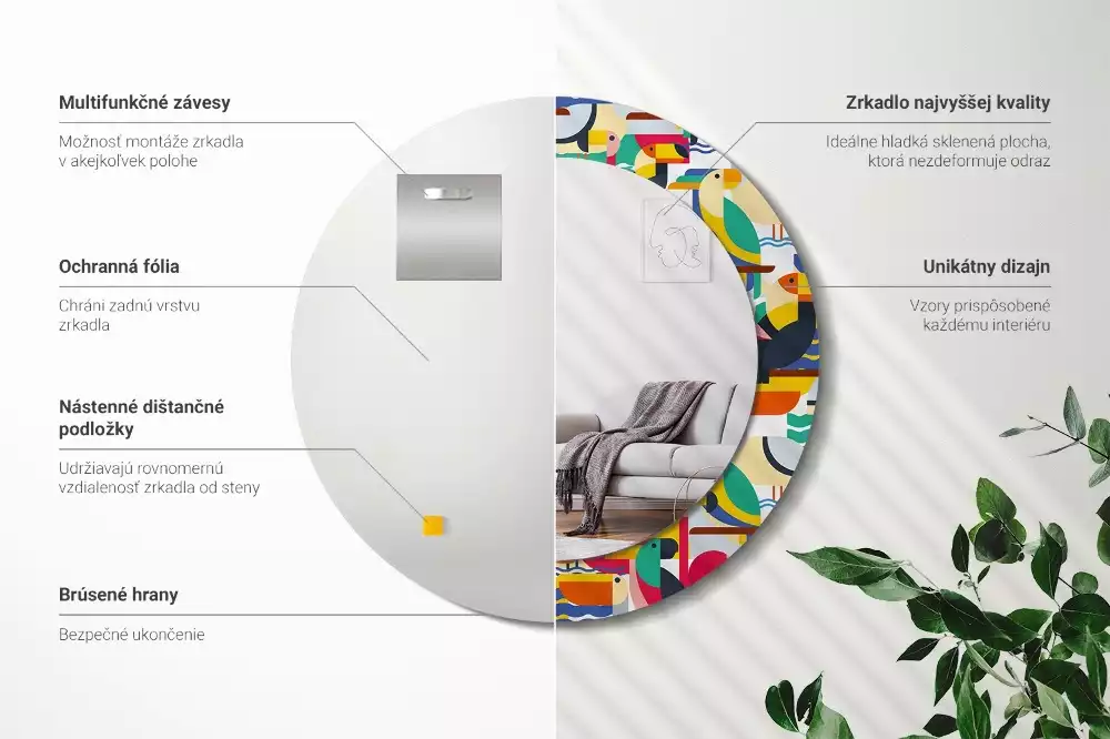 Lustro z drukowaną ramką o geometrycznym wzorze z tropikalnymi ptakami