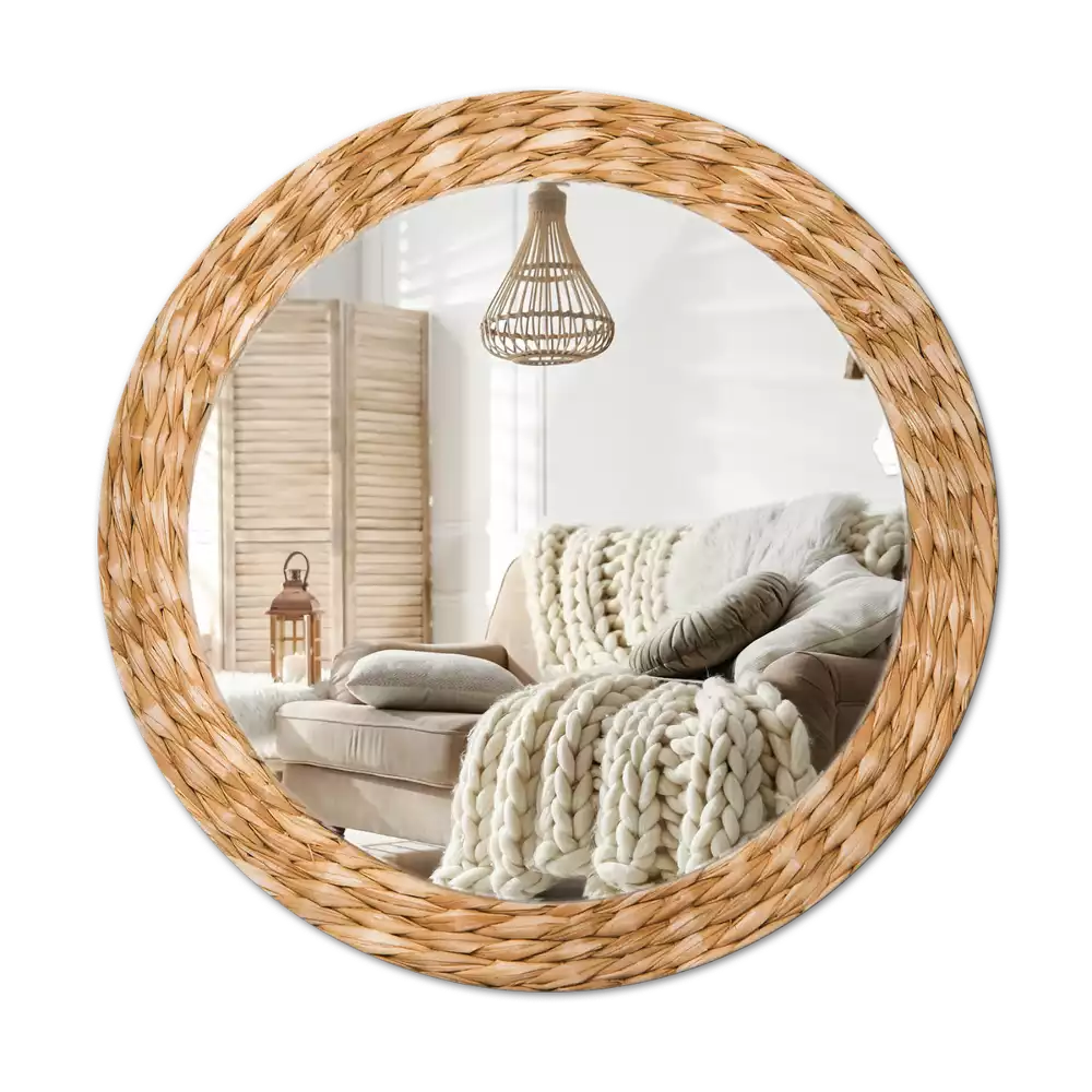 Lustro ścienne dekoracyjne o okrągłym kształcie z wiklinowym wzorem