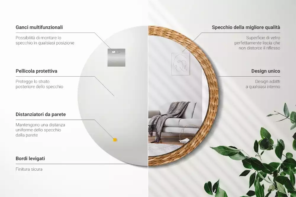 Lustro ścienne dekoracyjne o okrągłym kształcie z wiklinowym wzorem