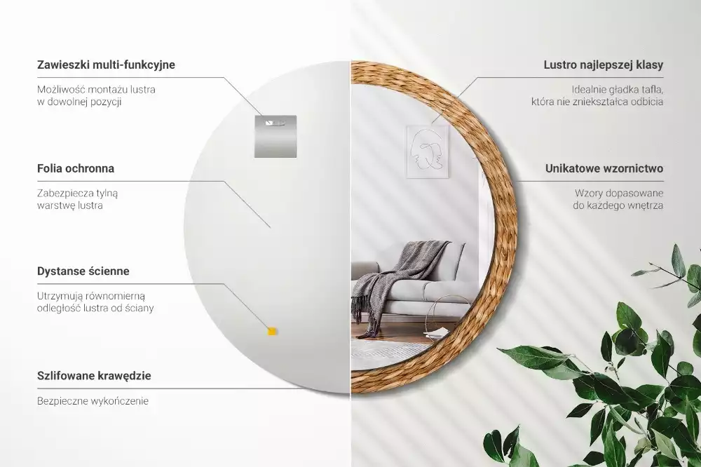 Lustro ścienne dekoracyjne o okrągłym kształcie z wiklinowym wzorem