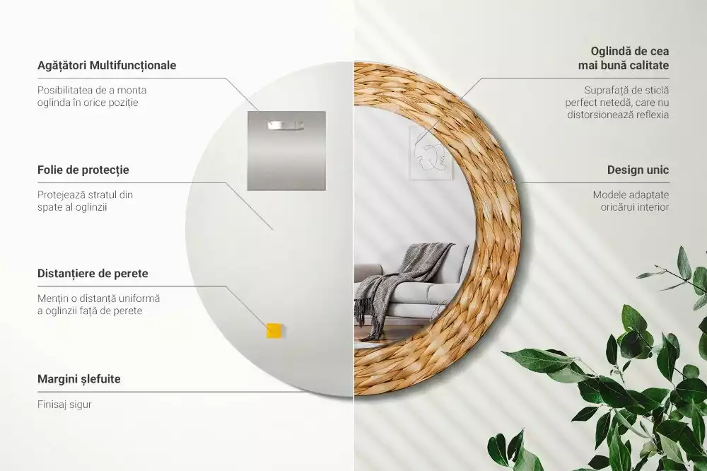 Lustro ścienne dekoracyjne o okrągłym kształcie z wiklinowym wzorem