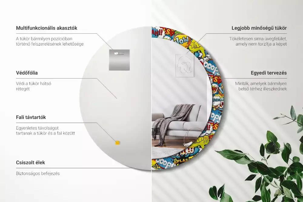 Lustro z ramą z nadrukiem w stylu komiksowym