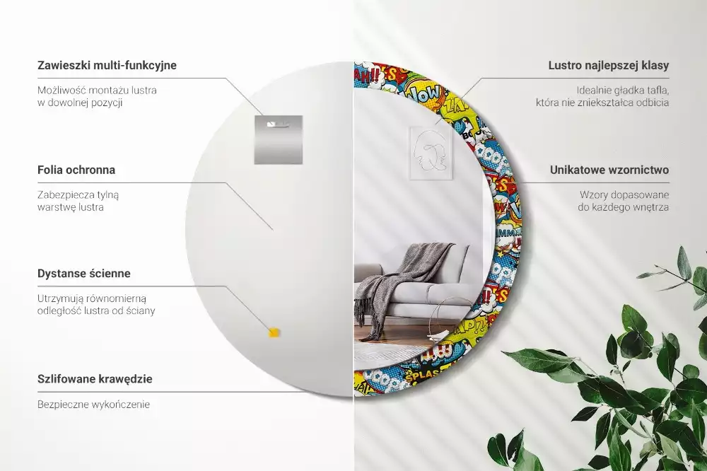 Lustro z ramą z nadrukiem w stylu komiksowym