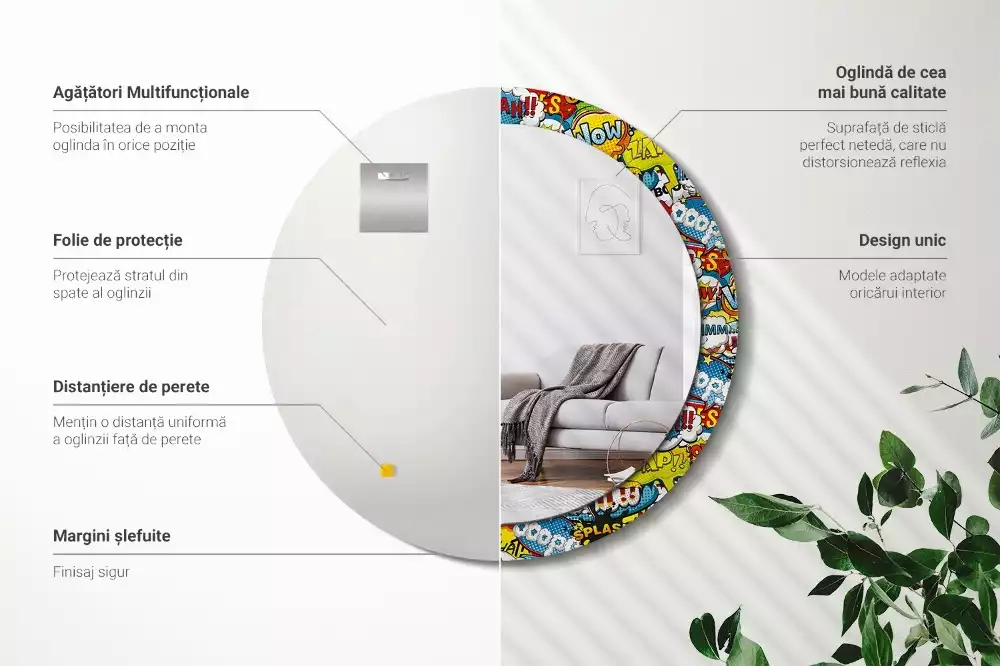 Lustro z ramą z nadrukiem w stylu komiksowym