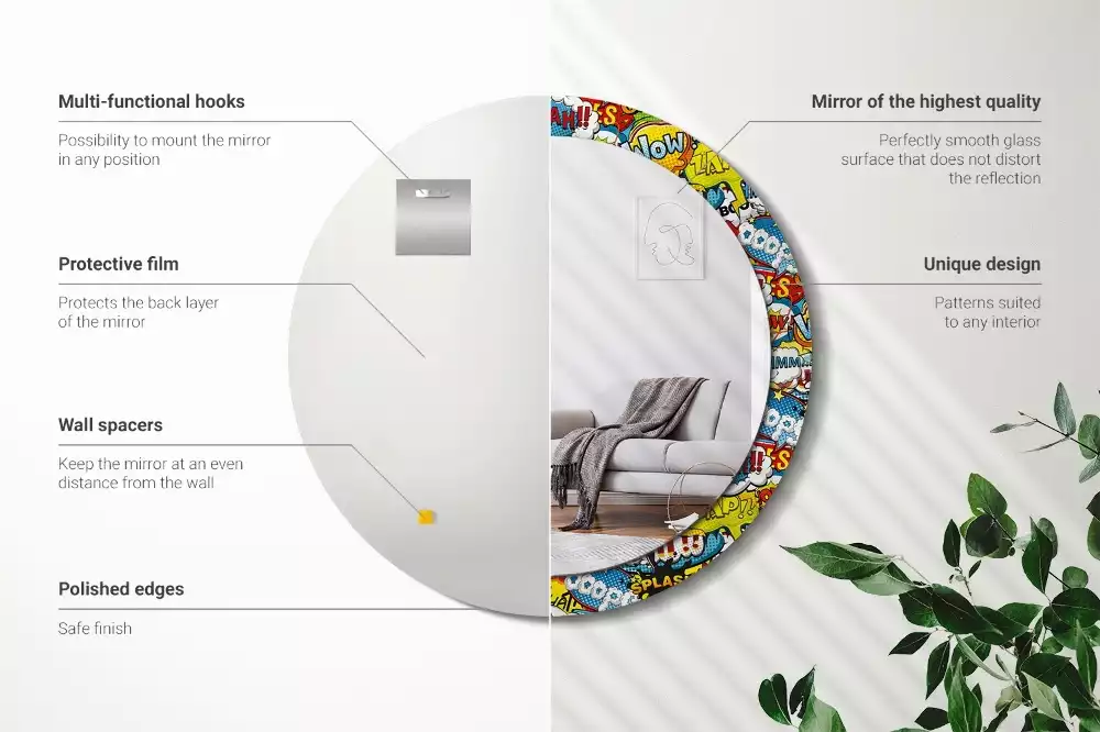 Lustro z ramą z nadrukiem w stylu komiksowym