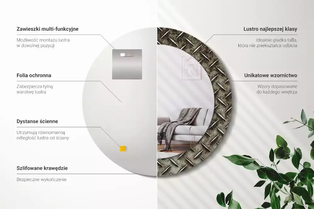 Lustro z drukowaną ramką w stalowej teksturze