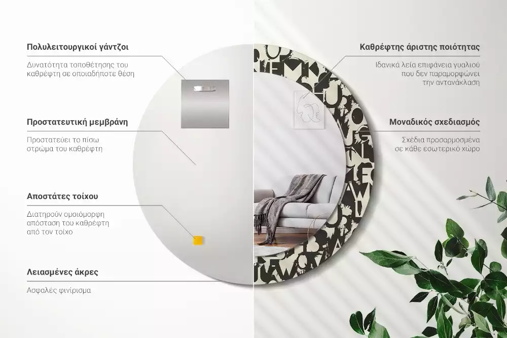 Lustro z okrągłą ramką i nadrukiem z liter