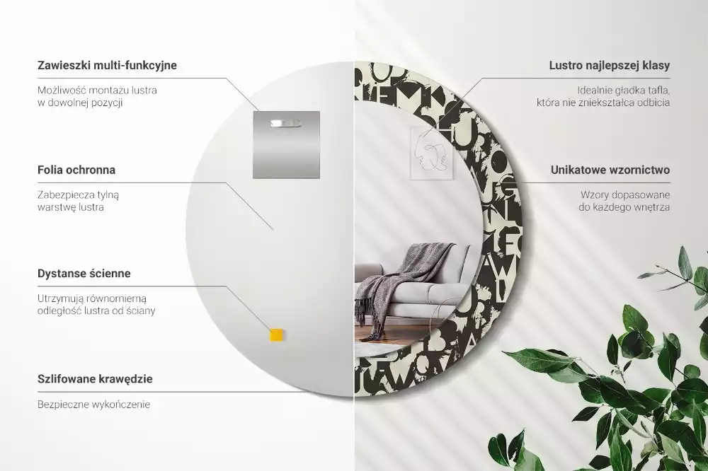 Lustro z okrągłą ramką i nadrukiem z liter