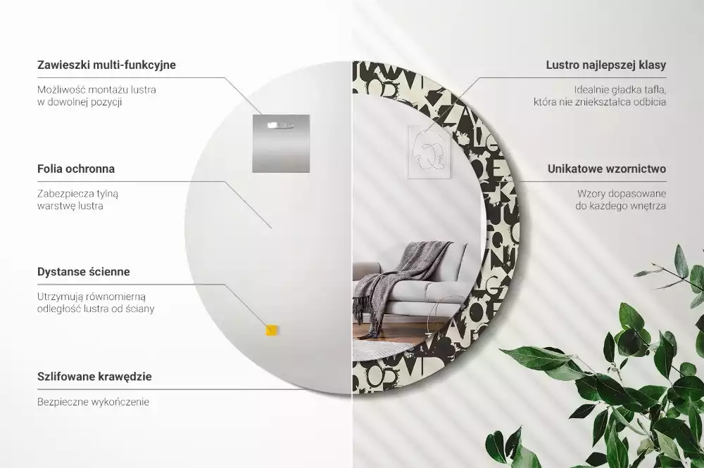 Lustro z okrągłą ramką i nadrukiem z liter