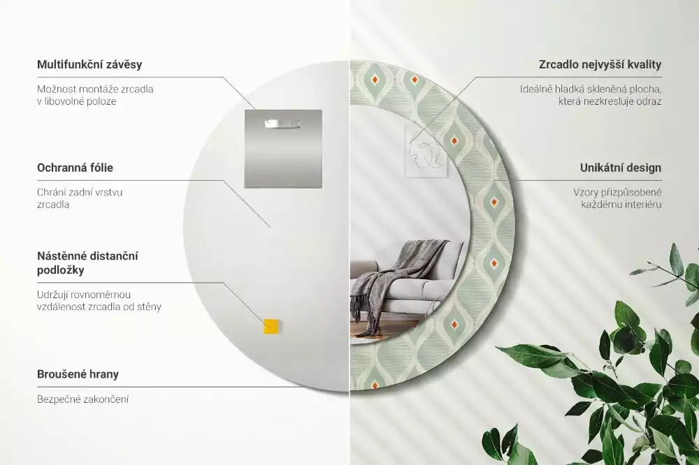 Lustro z drukowaną okrągłą ramką w klasycznym wzorze vintage