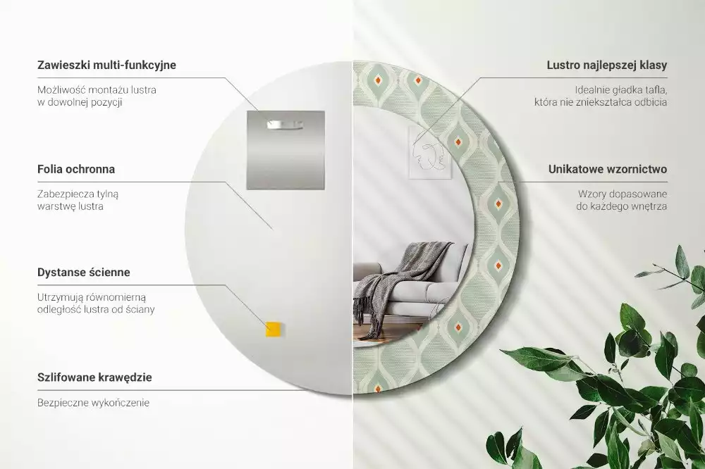 Lustro z drukowaną okrągłą ramką w klasycznym wzorze vintage