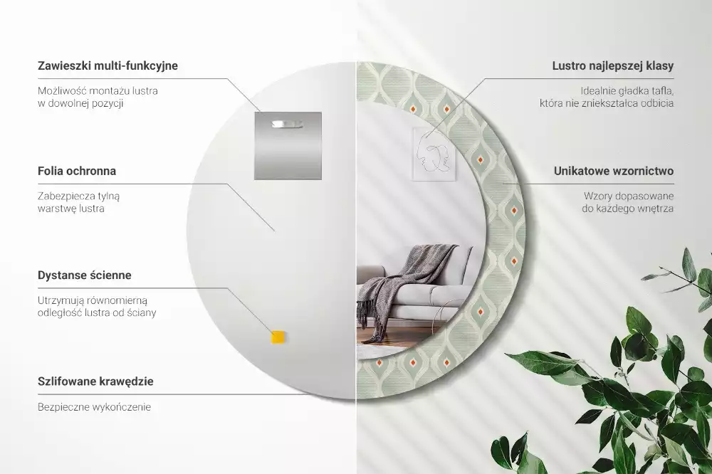 Lustro z drukowaną okrągłą ramką w klasycznym wzorze vintage