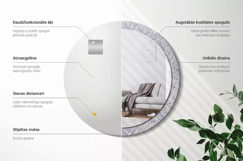 Lustro ścienne dekoracyjne w kształcie okrągłym z motywem konturu tropikalnej palmy