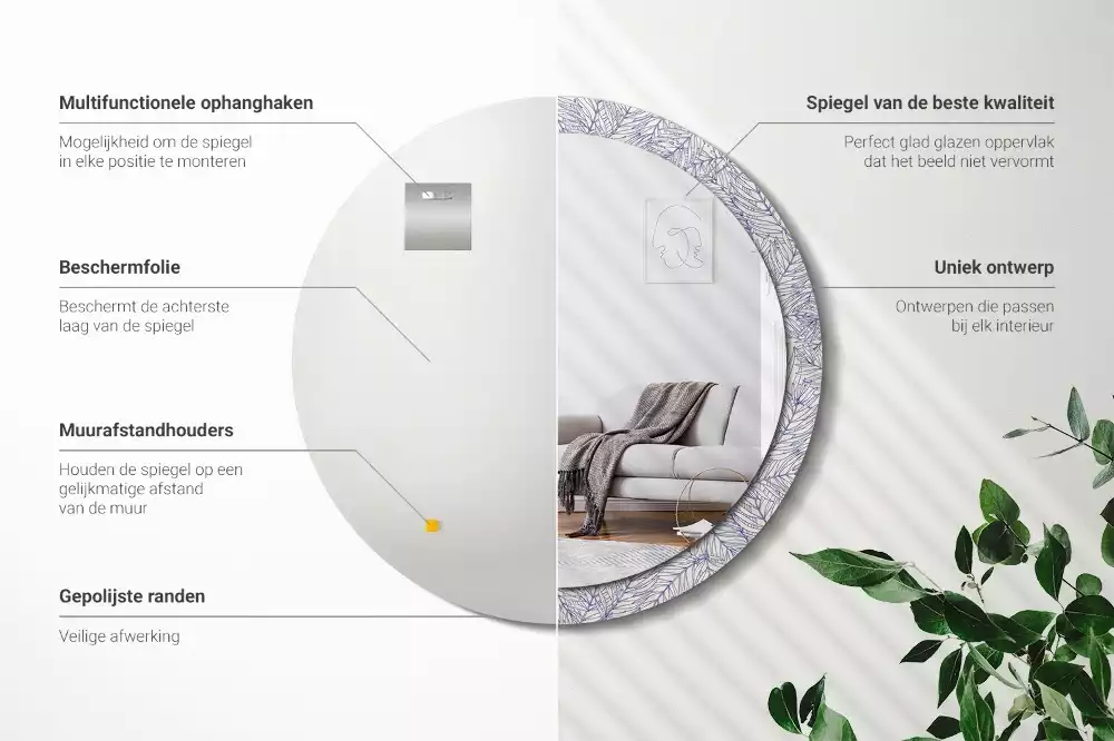 Lustro ścienne dekoracyjne w kształcie okrągłym z motywem konturu tropikalnej palmy