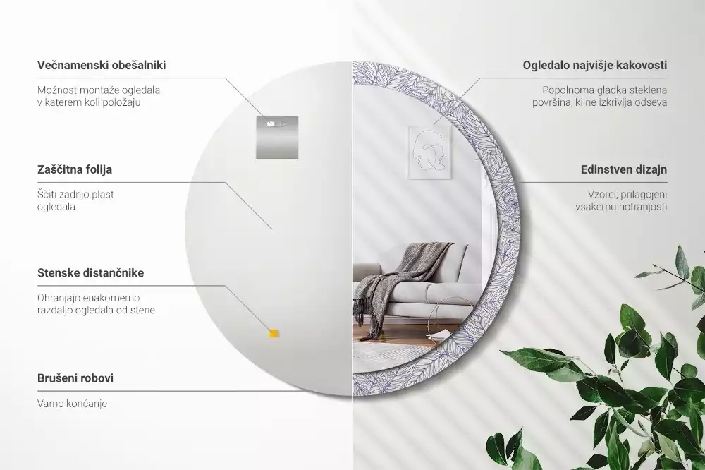 Lustro ścienne dekoracyjne w kształcie okrągłym z motywem konturu tropikalnej palmy