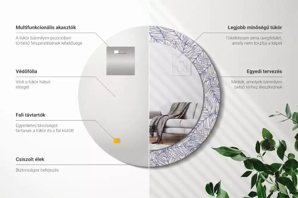 Lustro ścienne dekoracyjne w kształcie okrągłym z motywem konturu tropikalnej palmy