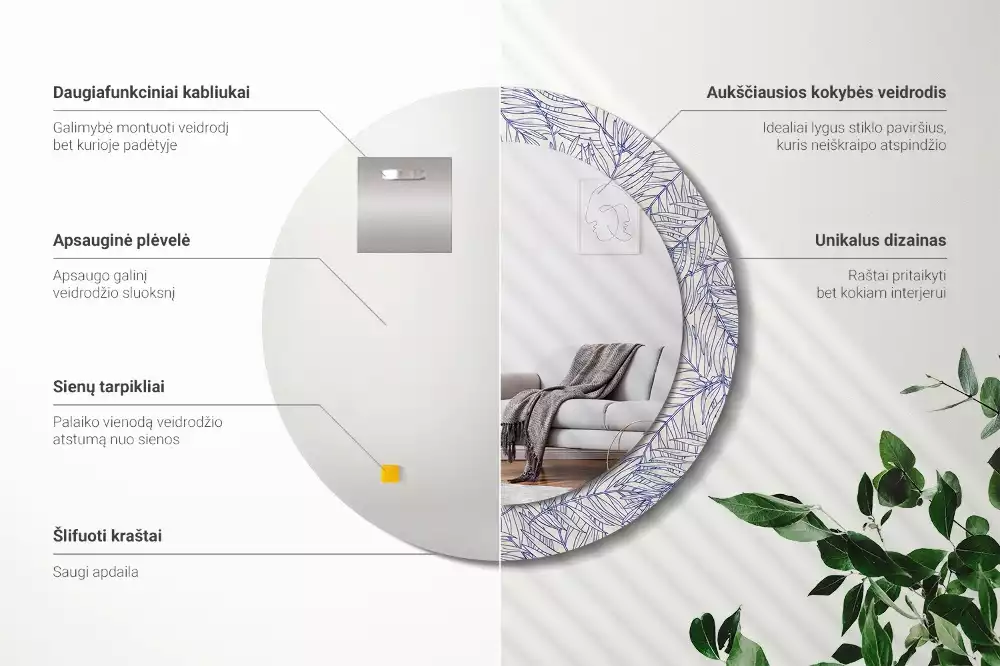 Lustro ścienne dekoracyjne w kształcie okrągłym z motywem konturu tropikalnej palmy