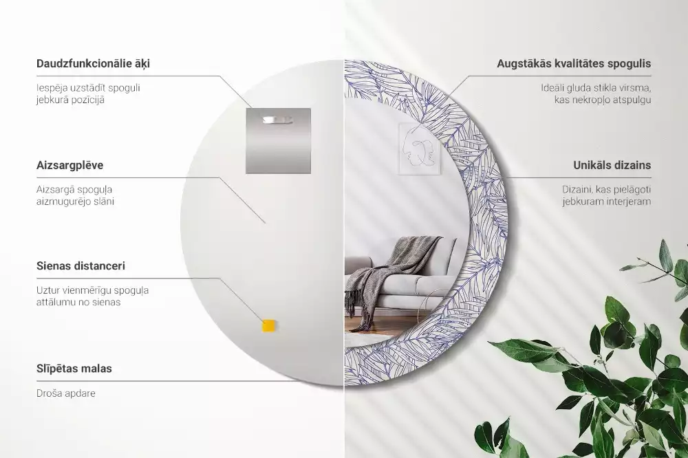 Lustro ścienne dekoracyjne w kształcie okrągłym z motywem konturu tropikalnej palmy