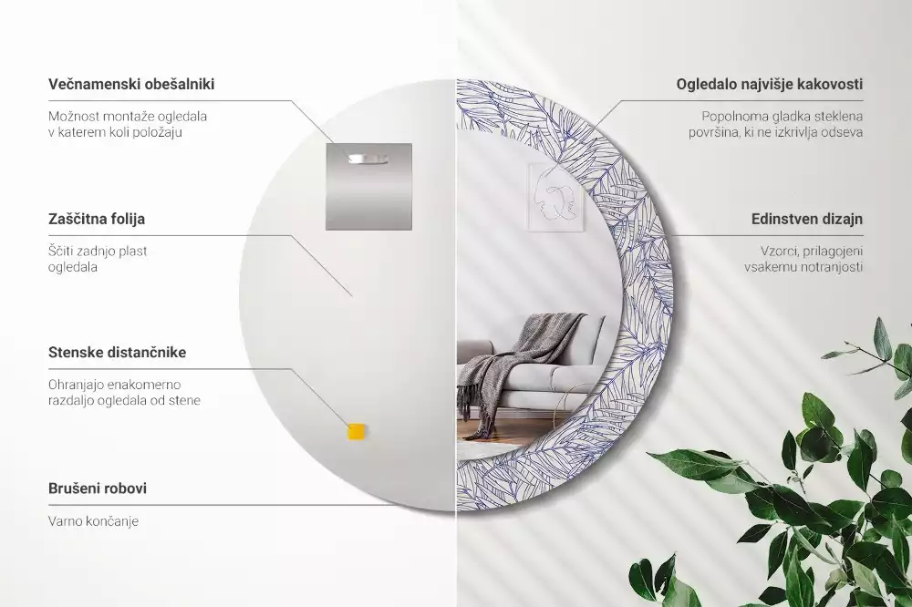 Lustro ścienne dekoracyjne w kształcie okrągłym z motywem konturu tropikalnej palmy