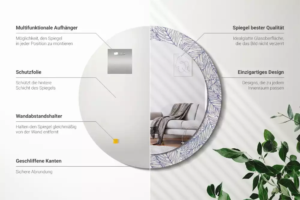 Lustro ścienne dekoracyjne w kształcie okrągłym z motywem konturu tropikalnej palmy