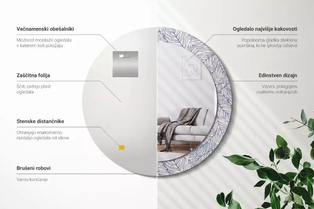 Lustro ścienne dekoracyjne w kształcie okrągłym z motywem konturu tropikalnej palmy