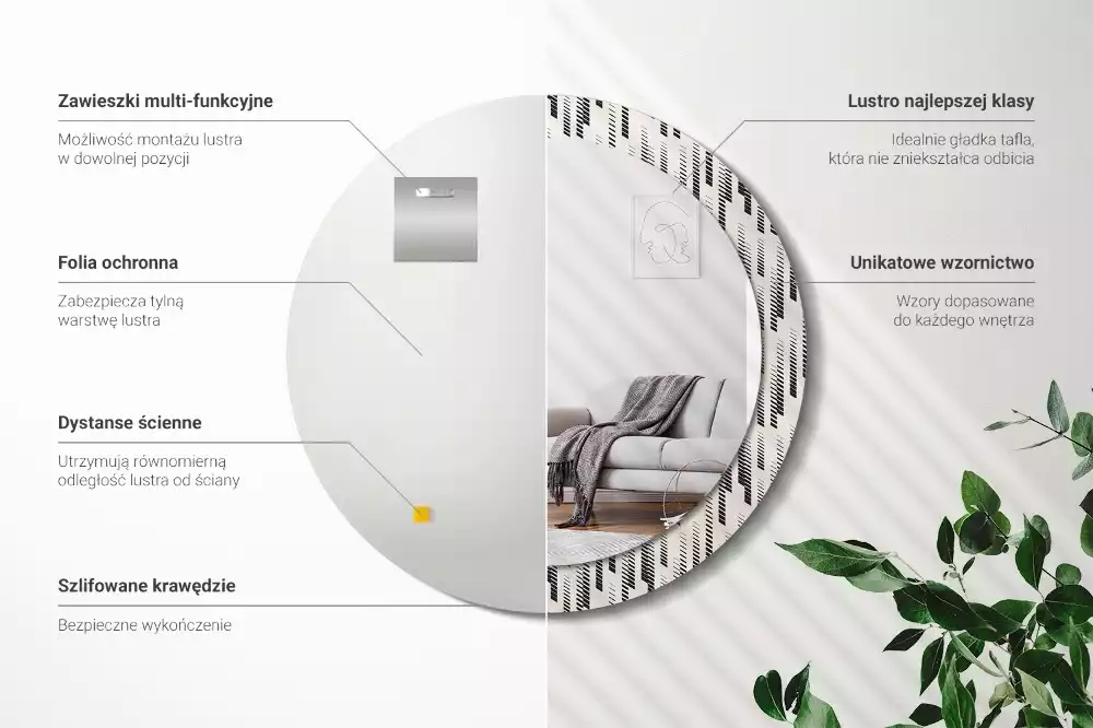 Lustro z okrągłą ramą z nadrukiem w paski