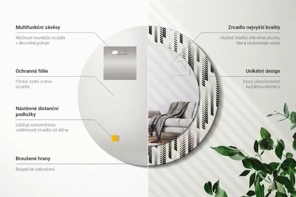 Lustro z okrągłą ramą z nadrukiem w paski