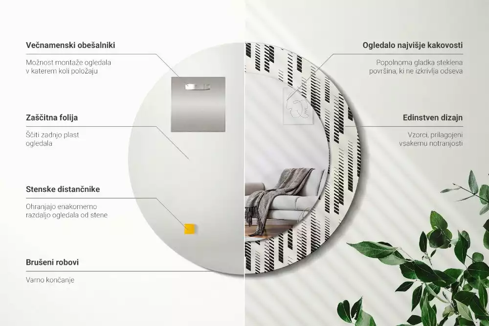 Lustro z okrągłą ramą z nadrukiem w paski