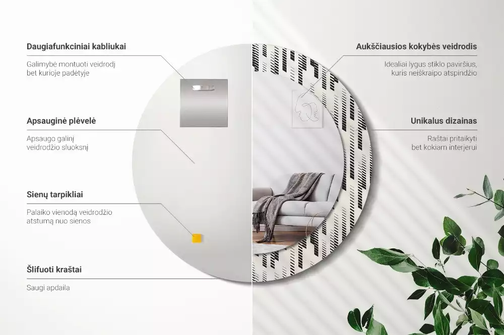 Lustro z okrągłą ramą z nadrukiem w paski