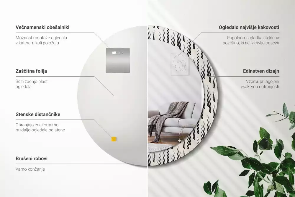 Lustro z okrągłą ramą z nadrukiem w paski