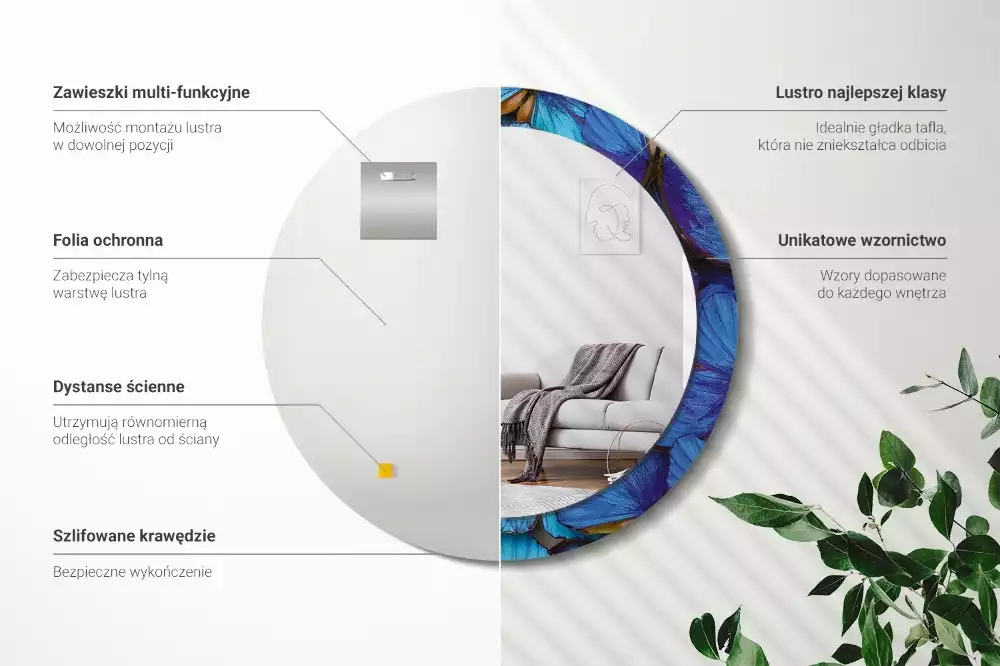 Lustro z drukowaną ramką w motywem niebiesko‑zielonego motyla