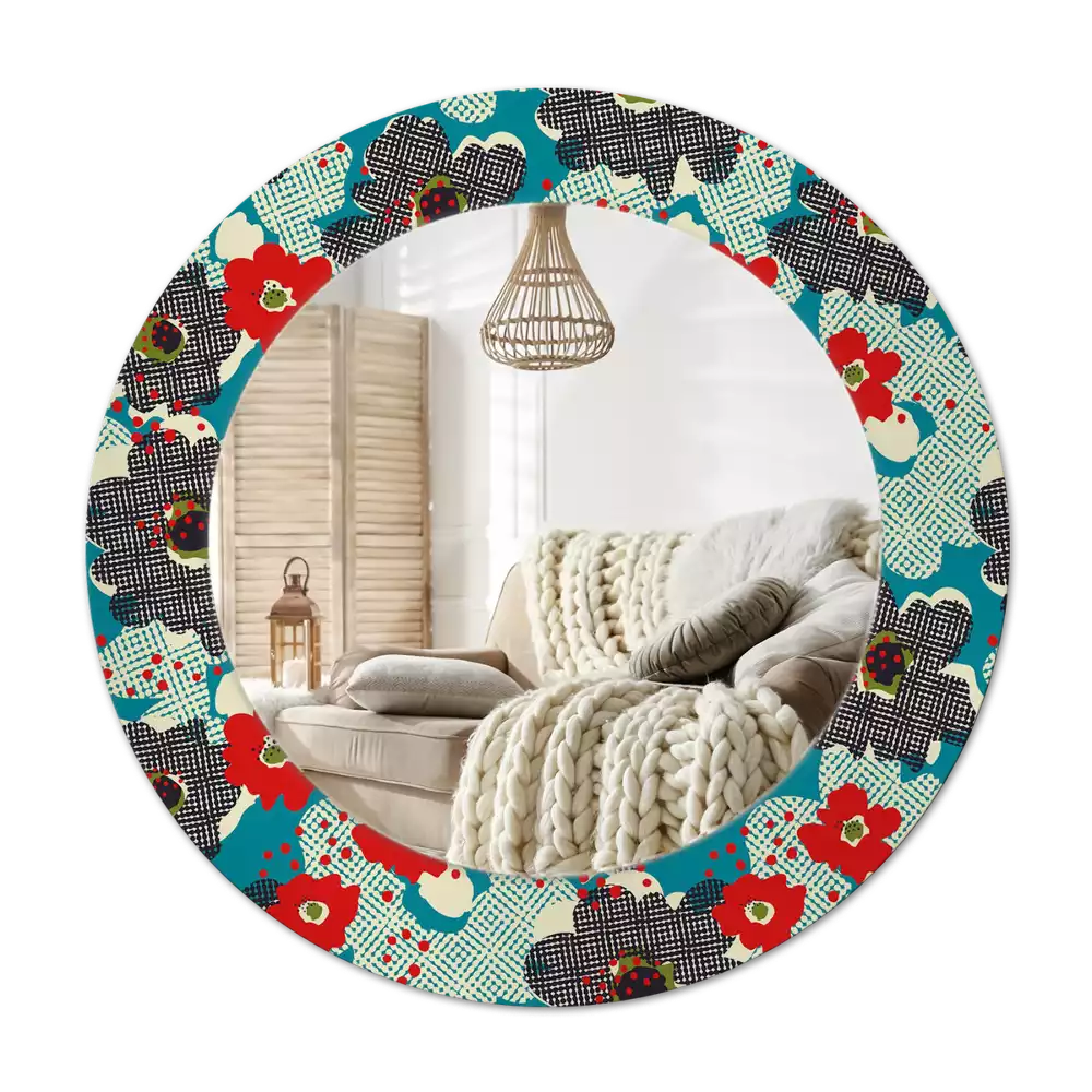 Lustro w ramie z nadrukiem o okrągłym kształcie z motywem retro kwiatów