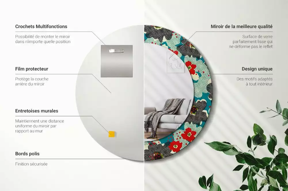 Lustro w ramie z nadrukiem o okrągłym kształcie z motywem retro kwiatów