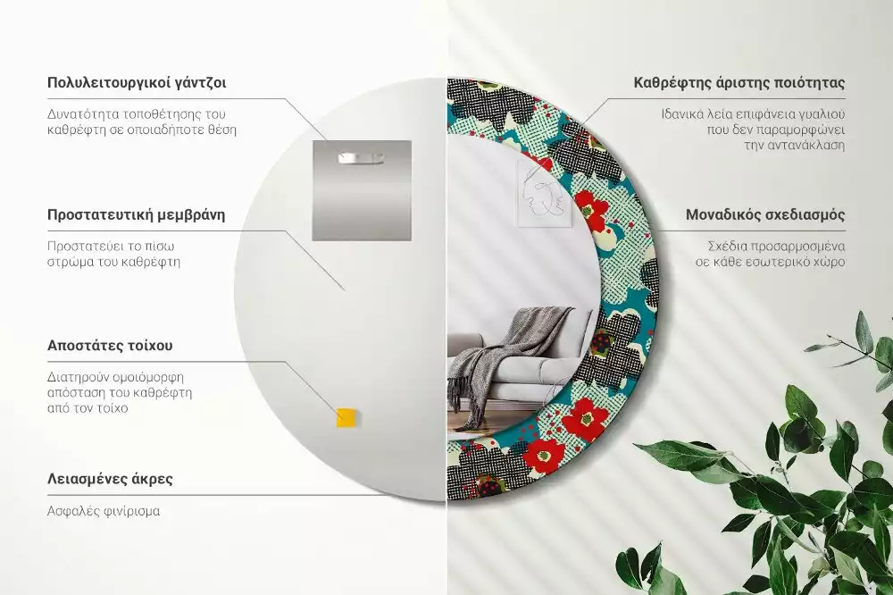 Lustro w ramie z nadrukiem o okrągłym kształcie z motywem retro kwiatów