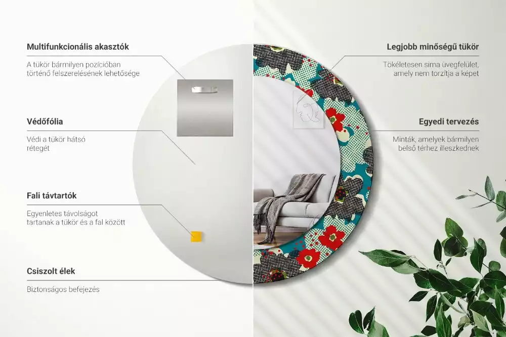 Lustro w ramie z nadrukiem o okrągłym kształcie z motywem retro kwiatów