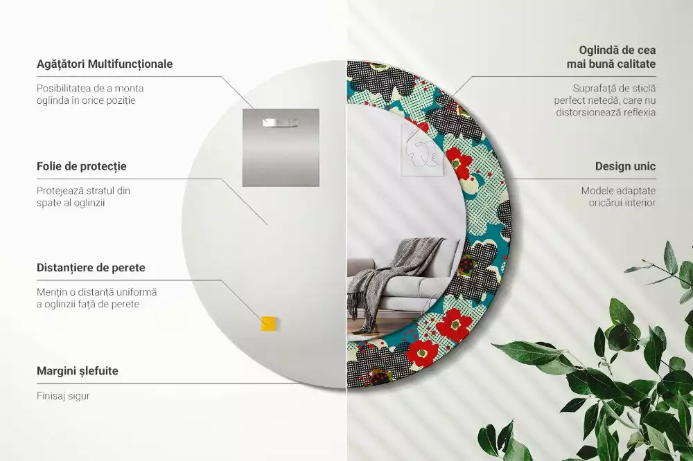 Lustro w ramie z nadrukiem o okrągłym kształcie z motywem retro kwiatów