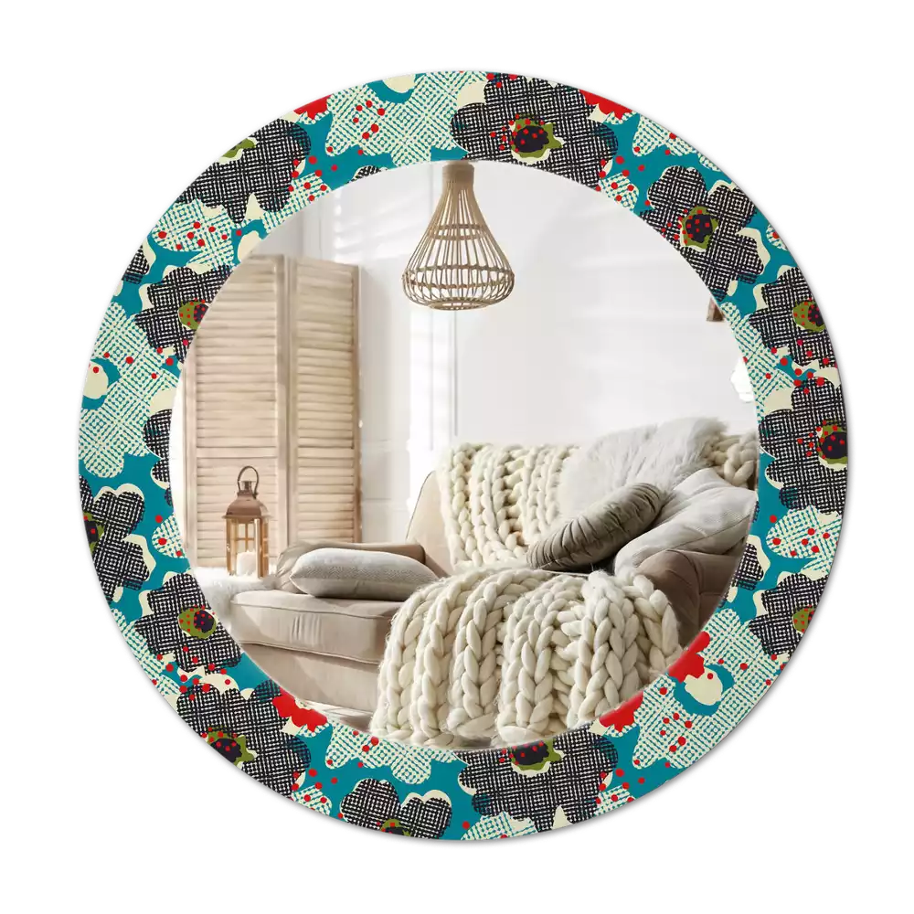 Lustro w ramie z nadrukiem o okrągłym kształcie z motywem retro kwiatów