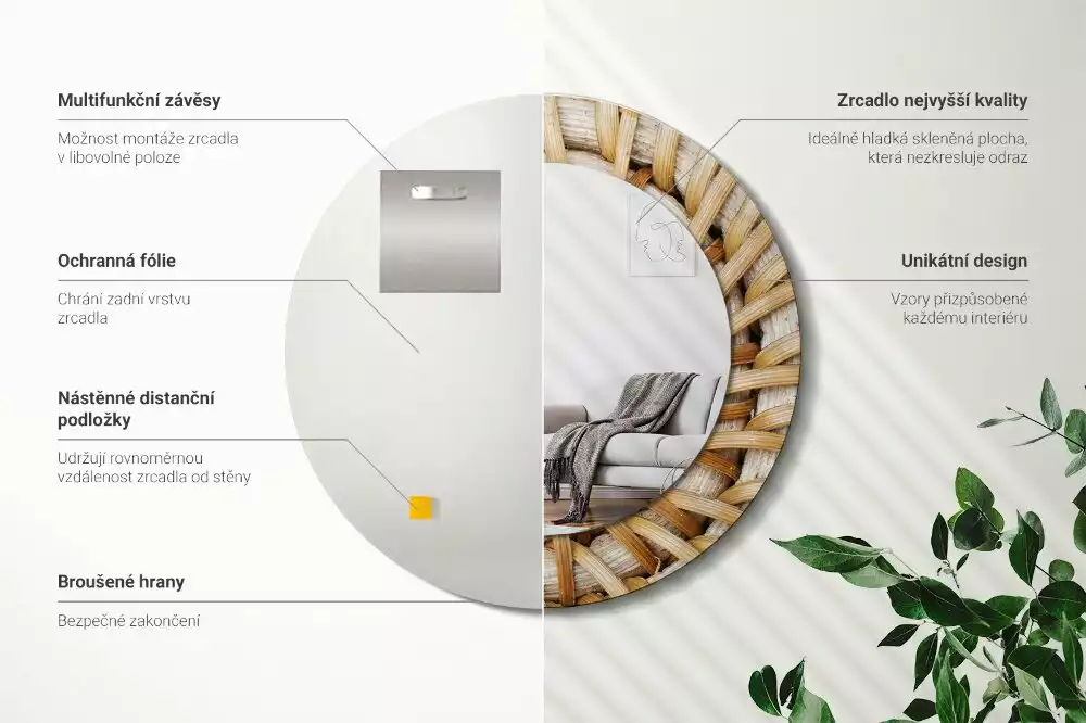 Lustro ścienne dekoracyjne o okrągłym kształcie z plecionym obrzeżem