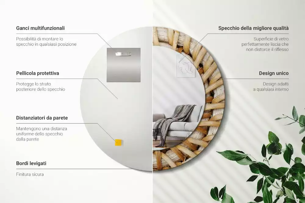 Lustro ścienne dekoracyjne o okrągłym kształcie z plecionym obrzeżem