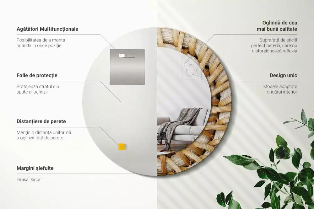 Lustro ścienne dekoracyjne o okrągłym kształcie z plecionym obrzeżem