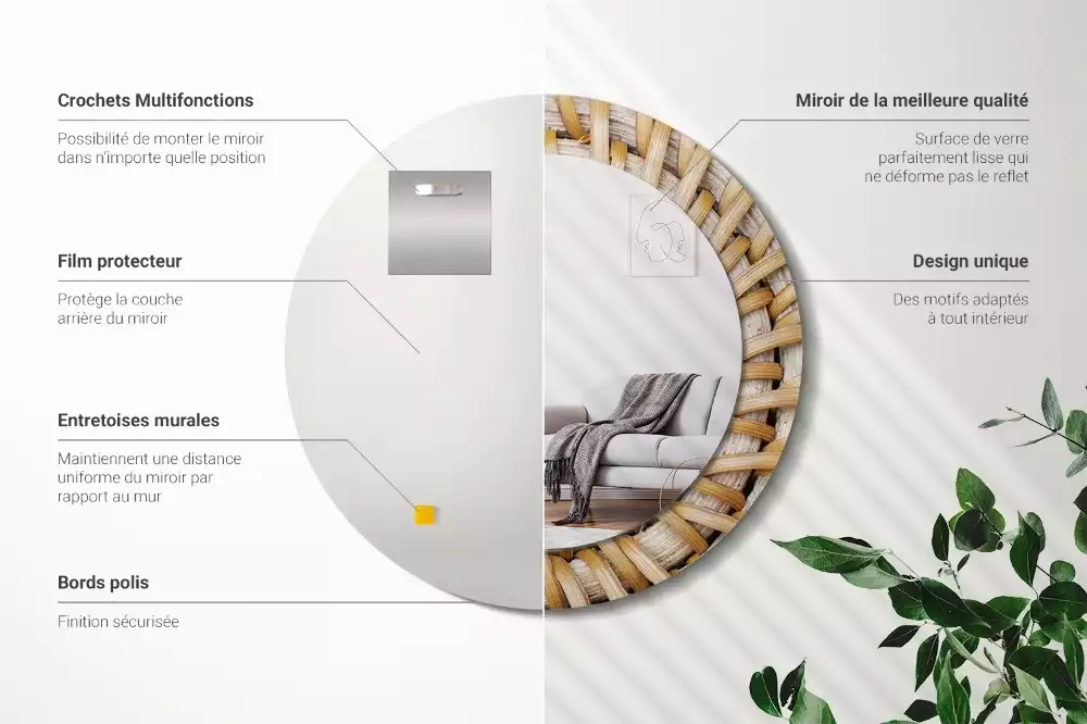 Lustro ścienne dekoracyjne o okrągłym kształcie z plecionym obrzeżem