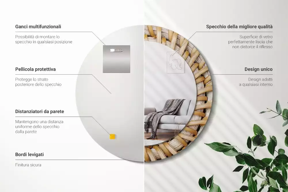 Lustro ścienne dekoracyjne o okrągłym kształcie z plecionym obrzeżem