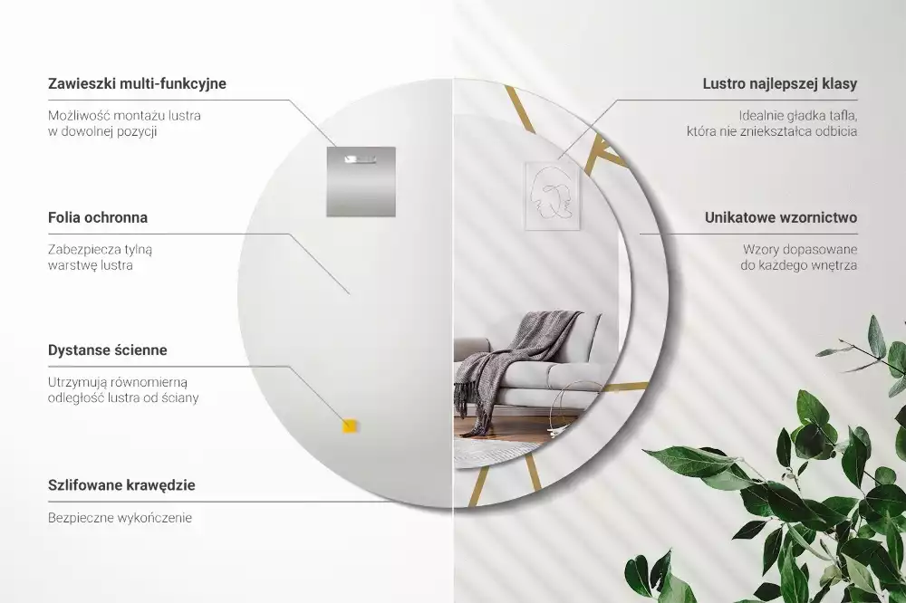 Lustro ścienne dekoracyjne o okrągłym kształcie z motywem kompozycji liniowej